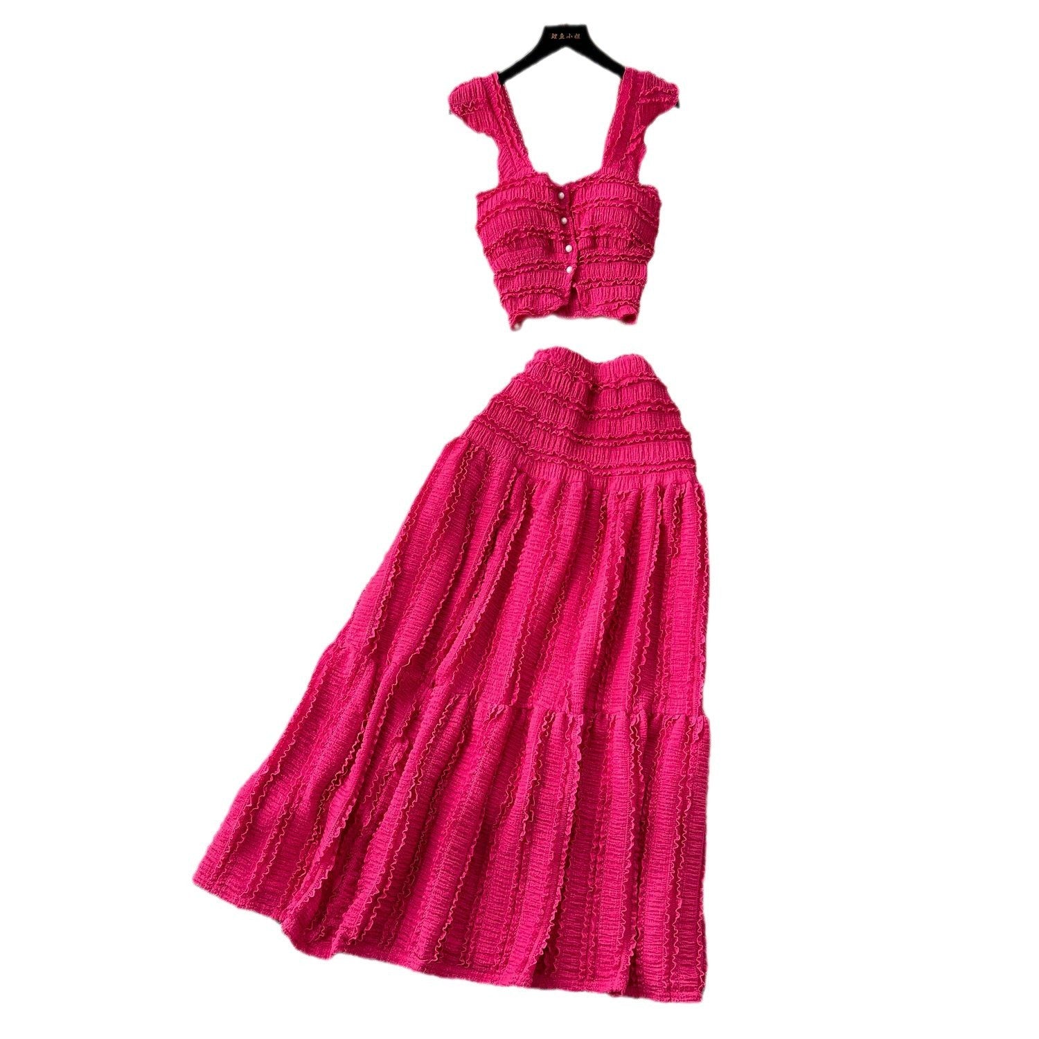 Suspender Top High Waist Crimp Skirt Two-piece Suit