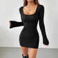 Women's Square-neck Ribbed Long-sleeve Slim-fit Solid-color Dress