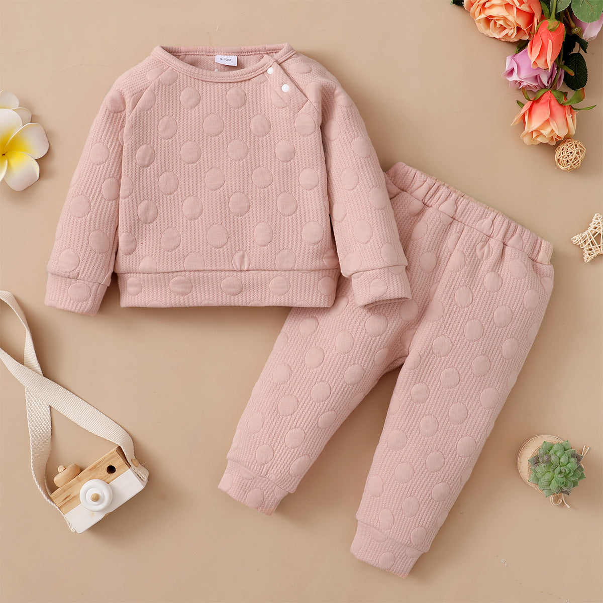 Ensemble printemps-automne pour garçons et filles, couleur bonbon, couleur unie, pois, col rond, manches longues, pantalon, vêtements pour enfants