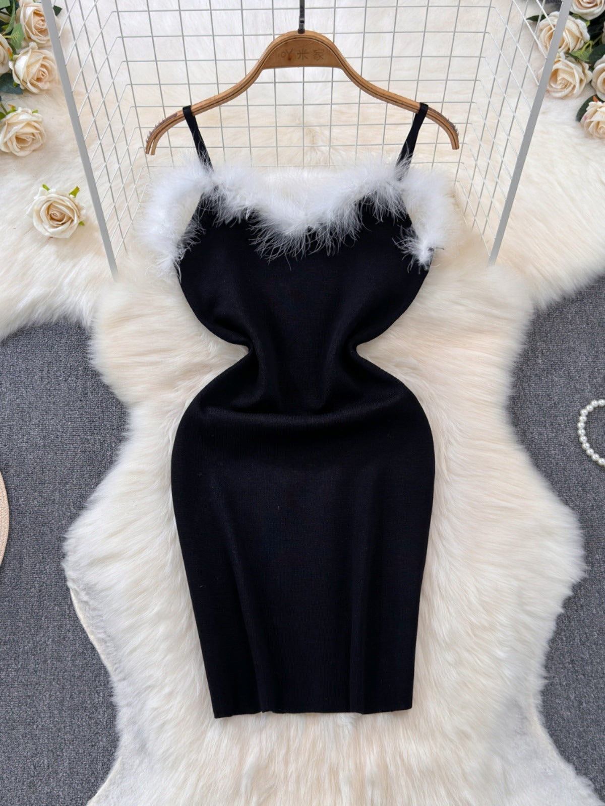 Furry Stitching Hip Base Sling Dress