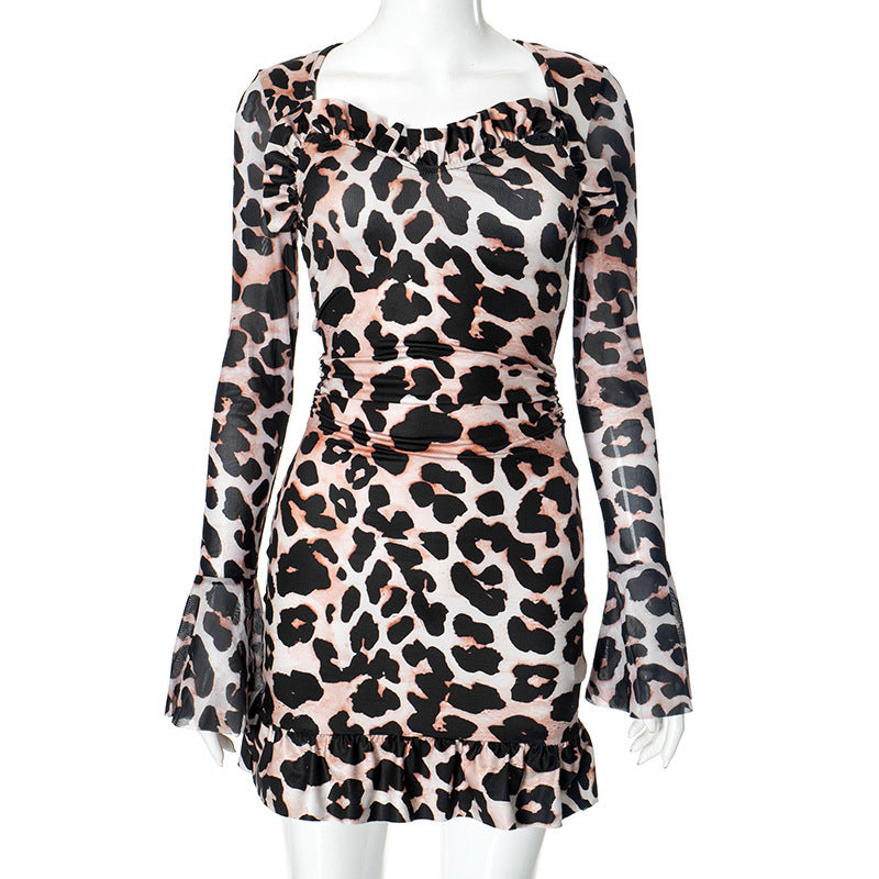 Women's Mesh Stitching Horn Long Sleeve Cinched Short Dress