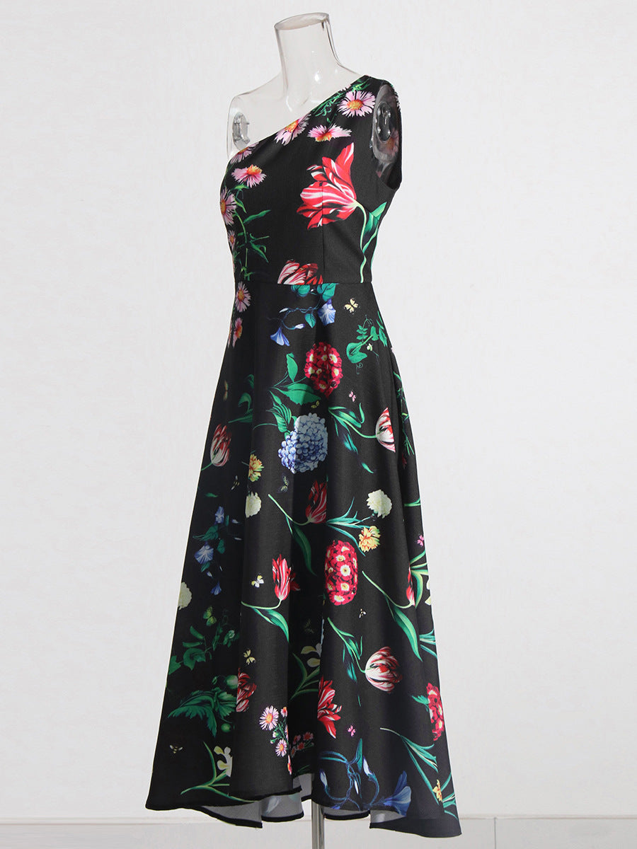 Lady Temperament Oblique Shoulder Sleeveless Waist Slimming Dress