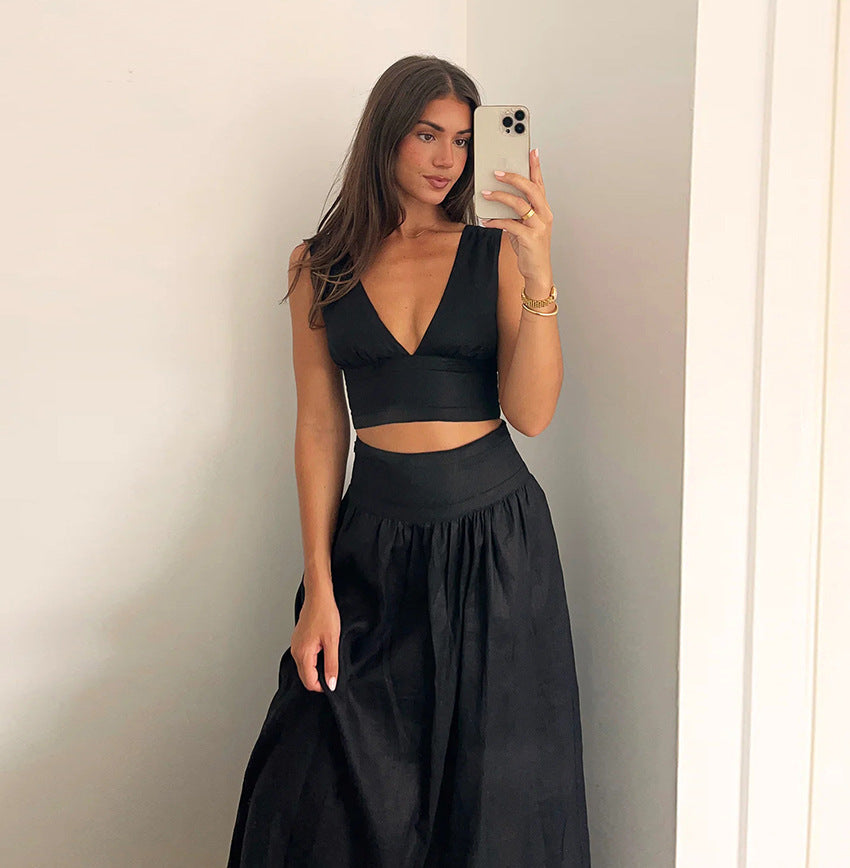 Ensemble deux pièces pour femme, robe trapèze taille haute avec gilet