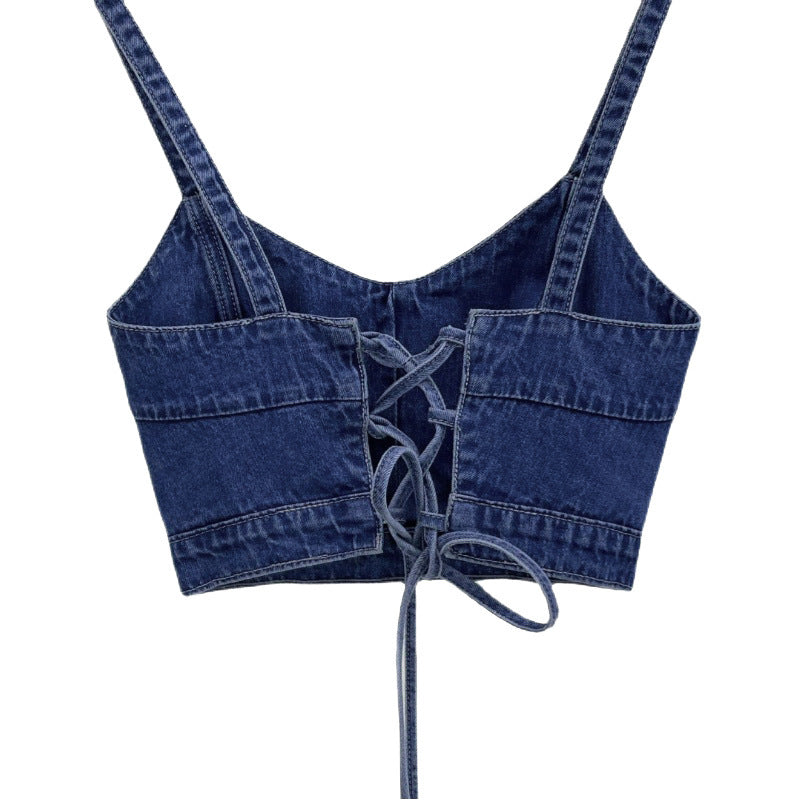 Denim Outer Wear Small Sling Vest Korean Style Sense Of Design Cross Strap