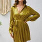 Design Sense Lace-up Long Sleeve Pleated Dress Solid Color Wrap V-neck