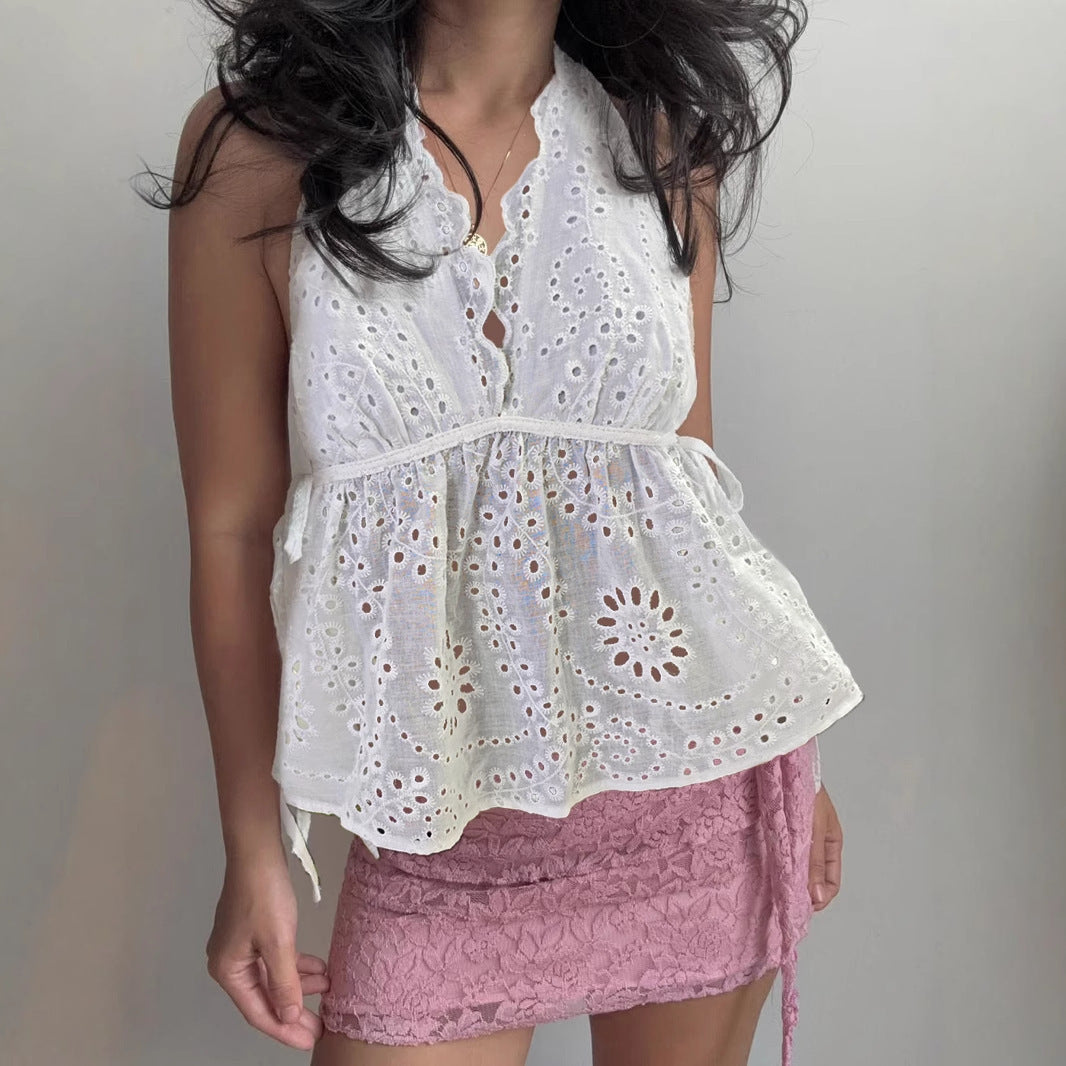 Jacquard Lace Edge Halterneck Vest Irregular Hem Bottoming Shirt