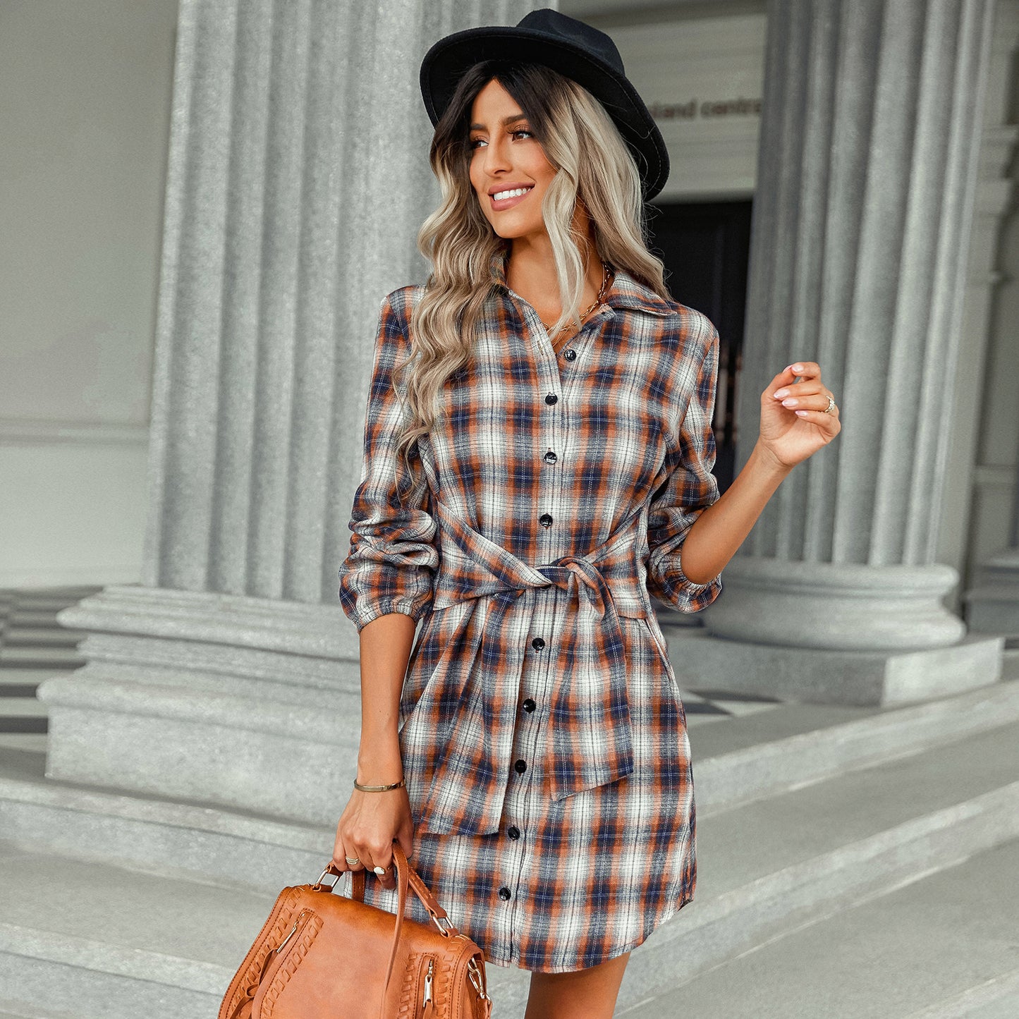 Women's Clothing Foreign Trade Fashion Plaid Drawstring Waist-tight Dress