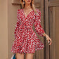 New Floral Tie-waist Puff-sleeve High-waist Flared Dress