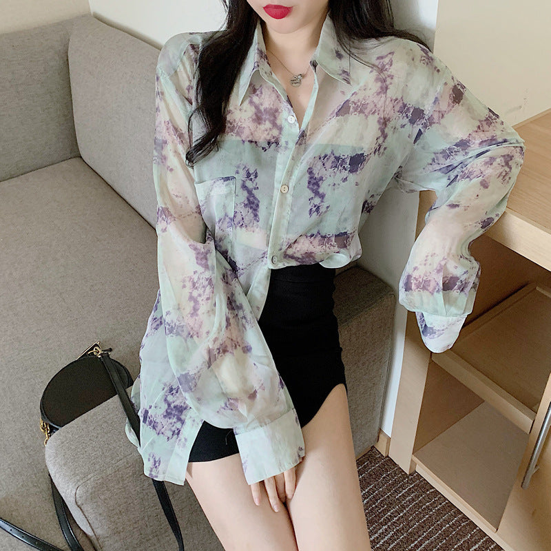 Ink Smudge Design Print Shirt Loose And Thin See-through Long-sleeved Sun Protection Jacket