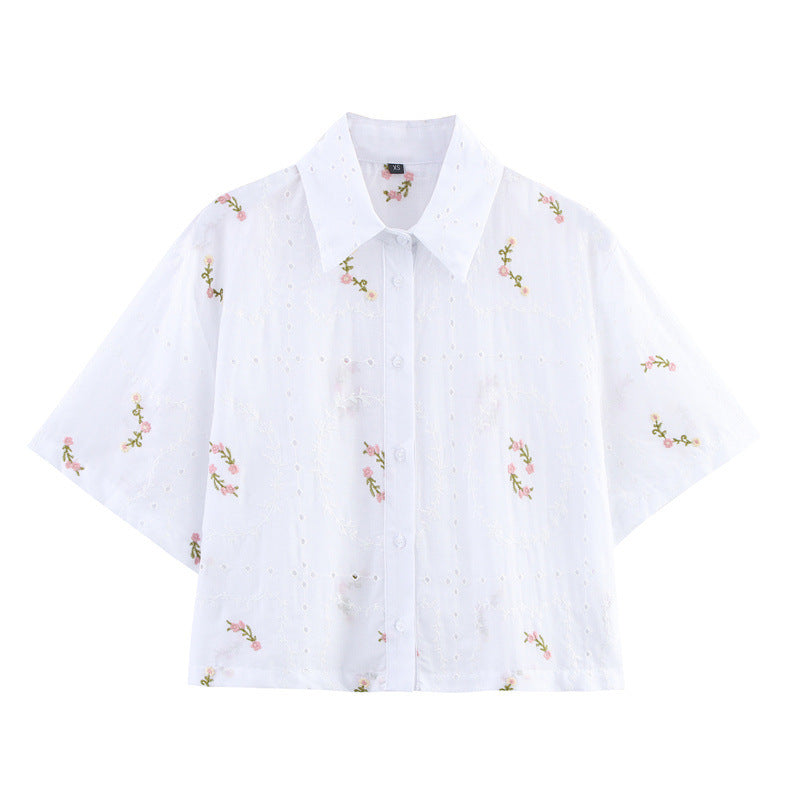 Puff Sleeve Embroidered Flower Shirt Shorts