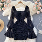 Women's Temperament Square Neck Lace Perspective Lantern Sleeve Waist Bag Hip Dress