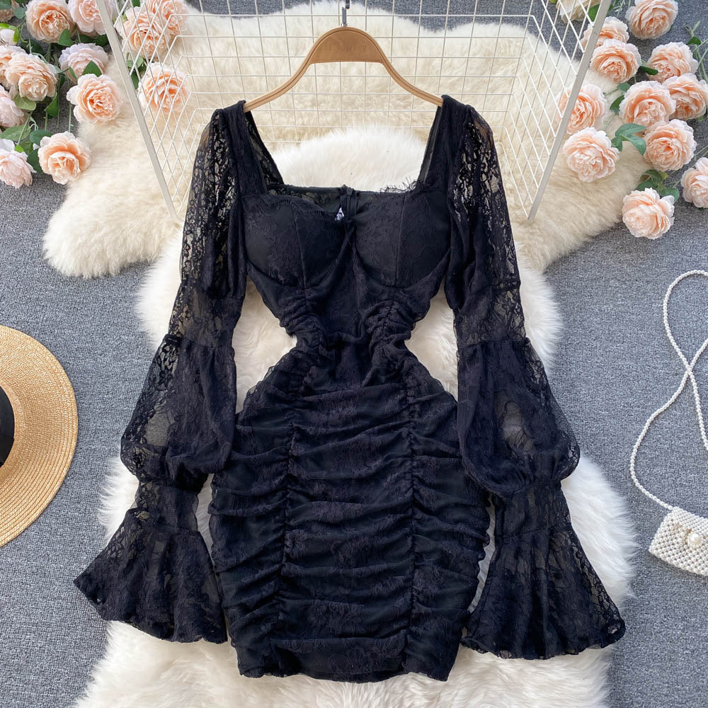 Women's Temperament Square Neck Lace Perspective Lantern Sleeve Waist Bag Hip Dress