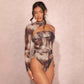 Long-sleeve Printed Sexy Off-shoulder Asymmetrical Halter Bodysuit