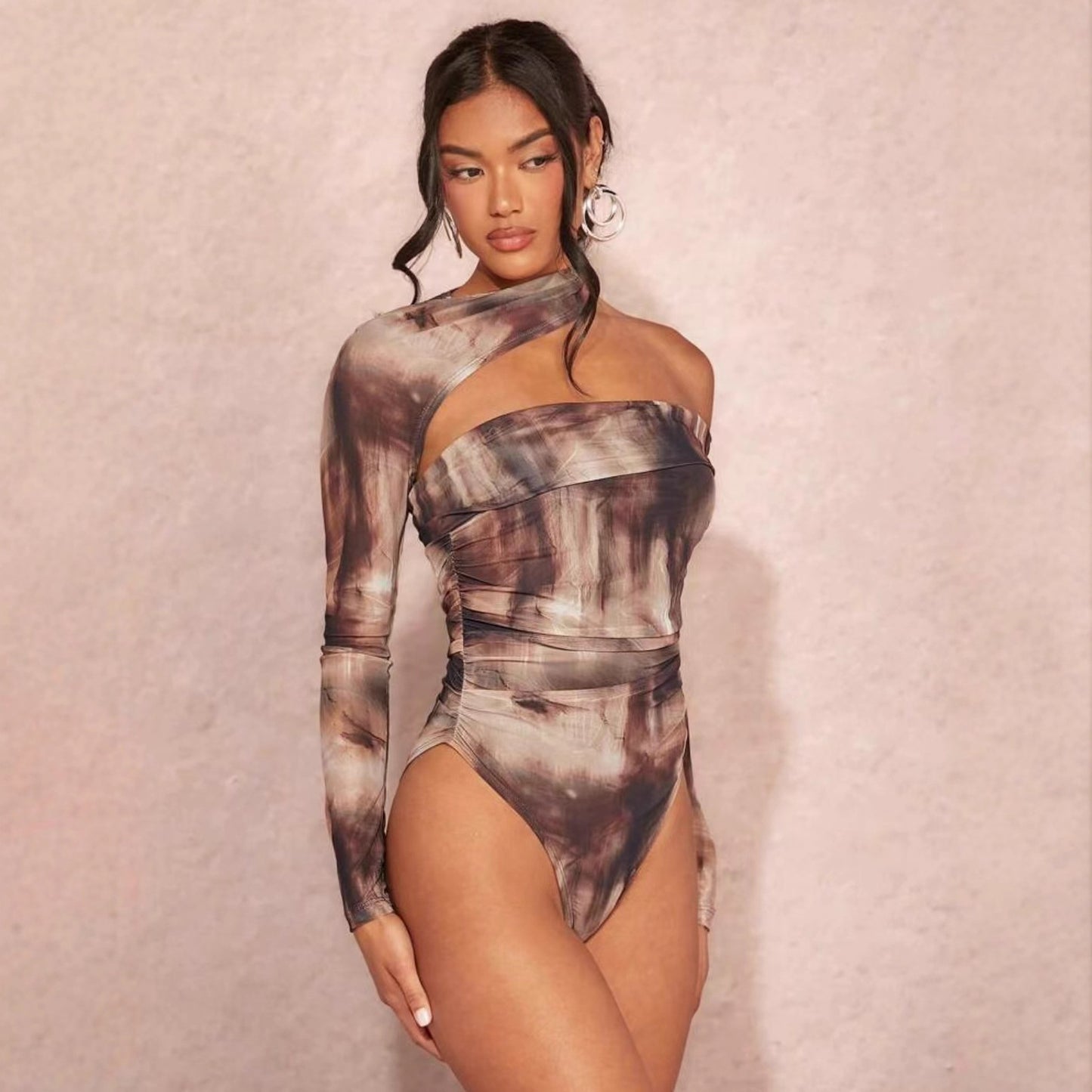 Long-sleeve Printed Sexy Off-shoulder Asymmetrical Halter Bodysuit