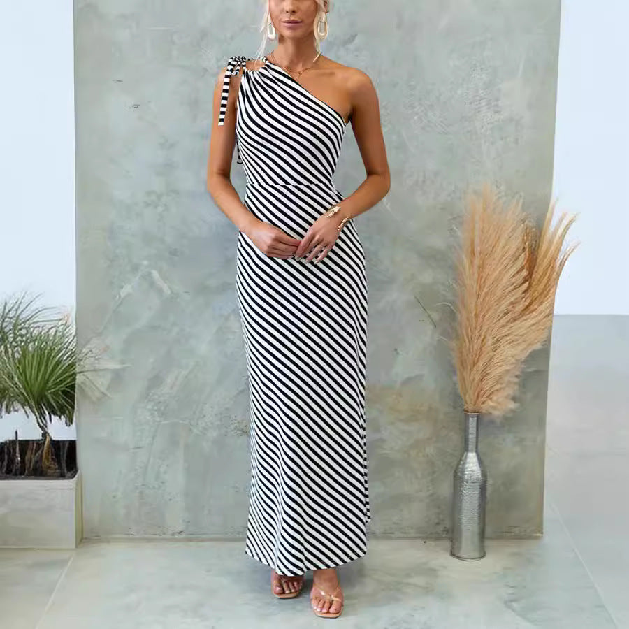 Robe rayée slim à une épaule et lacets pour femme