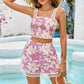 Womens Lace-Trimmed Ruched Ruffle Strap Shorts Set