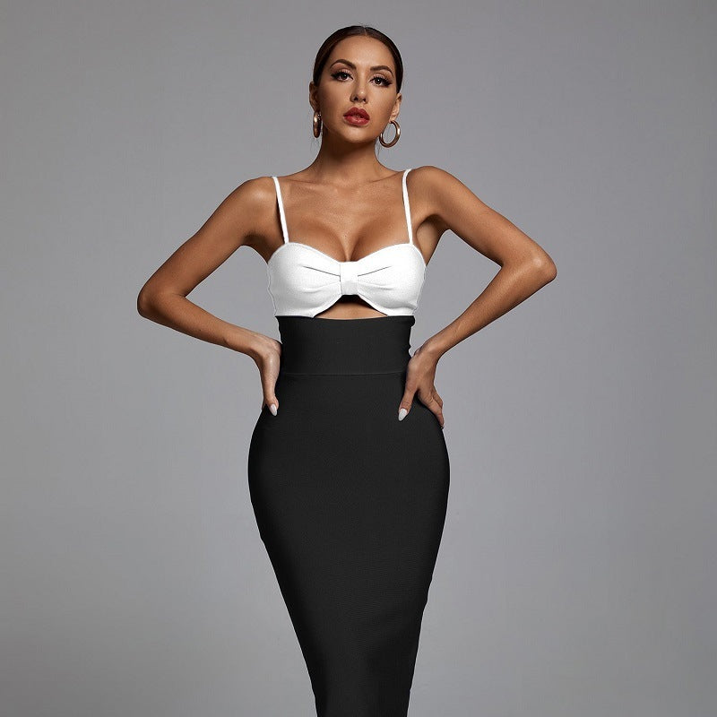 Fashion Waist Hollow Design New Solid Color V-Neck Halter Celebrity Party Club Bandage Long Dress