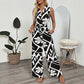 Womens Casual Waist-Cinched Sleeveless Printed V-Neck Jumpsuit