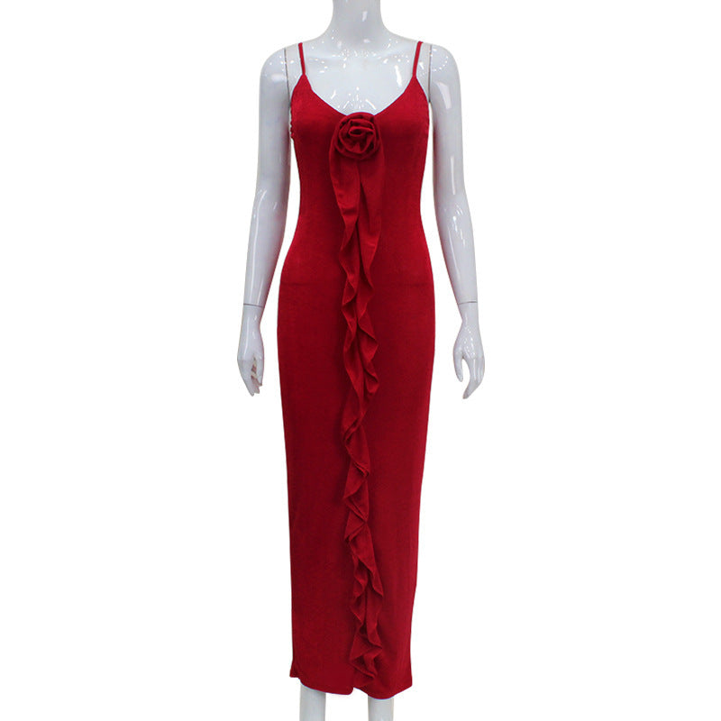 Sling Dress Color Ruffles High Waist Dress