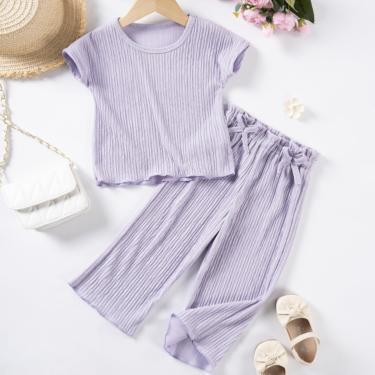 Girls Casual Style Solid Color Short Sleeve Trousers Suit