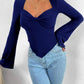V-neck Flared Sleeves Waist Trimming Knitted Long Sleeve T-shirt