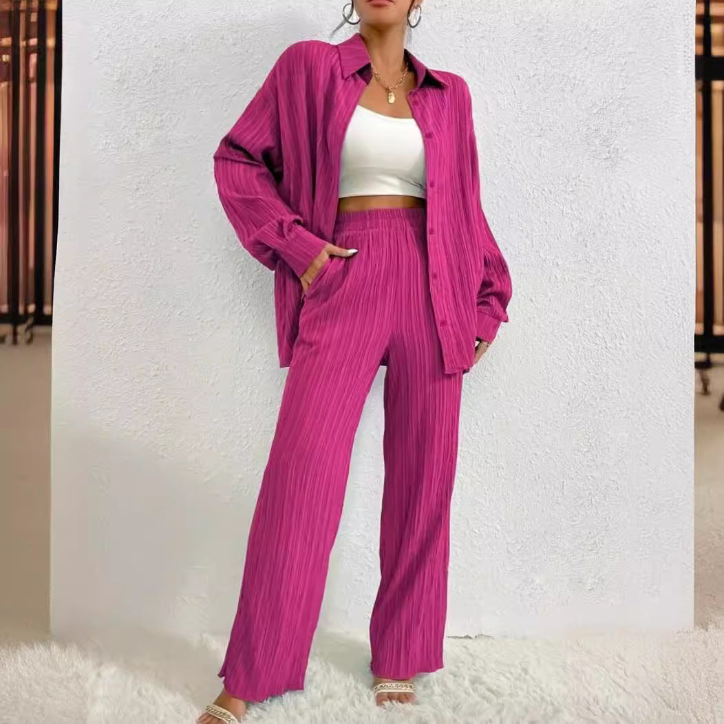 European And American Women's Clothing Solid Color Loose Drooping Smooth Pleated Casual Two-piece Suit