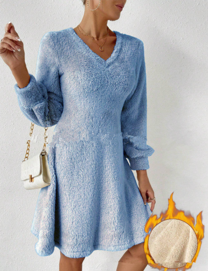 Women's Autumn And Winter Thickened Double-sided Plush V-neck Slimming Dress Pajamas