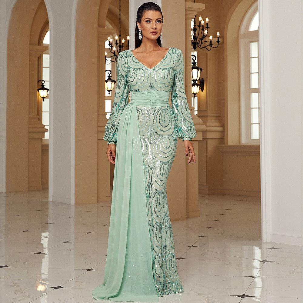 Robe de soirée sexy à manches longues et col en V avec paillettes