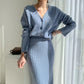 V-neck Hemp Pattern Knitted Cardigan Sweater High Waist Sheath Skirt