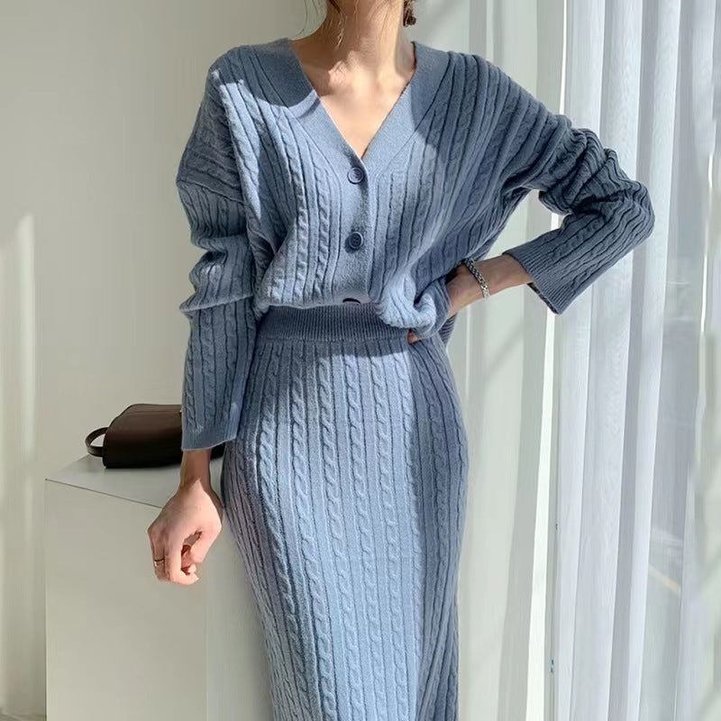 V-neck Hemp Pattern Knitted Cardigan Sweater High Waist Sheath Skirt