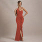 Sexy Asymmetrical Halterneck Three-Dimensional Floral Slim-Fit Split Evening Gown