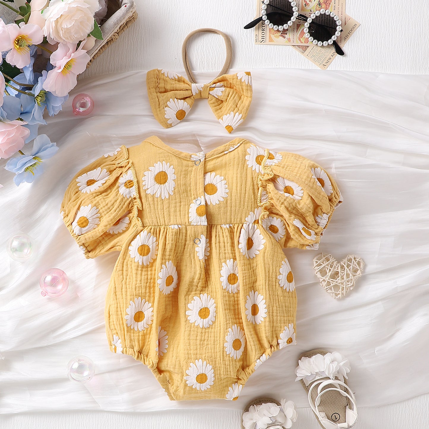 Combinaison d'été pour bébé fille, motif soleil, joyeux, petit tournesol, trois couleurs, avec coiffe