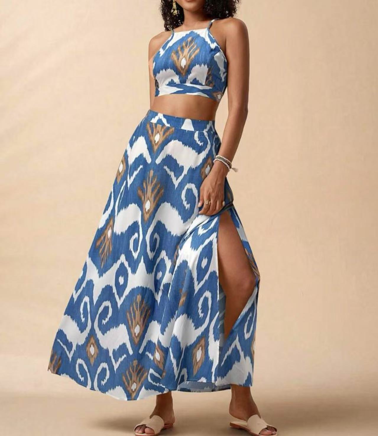 Strapless Sleeveless Top And Slit Skirt Set For Women