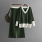 Women's V-collar Contrast Color Knitted Loose Wide-leg Pants Two-piece Set