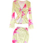 Sheer Alluring Cutout V-Neck Split-Edge Long-Sleeve Printed Top And Skirt Set