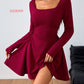 Elegant Square-neck Dress With A High-waisted Designer-style Wine-red Hue