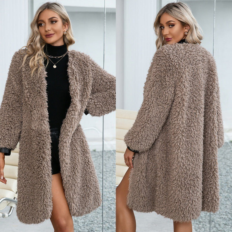 Manteau en fourrure mi-long ample et décontracté, commerce extérieur