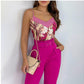 Europe And The United States New Rose Red Suspender Trousers Suit With Belt