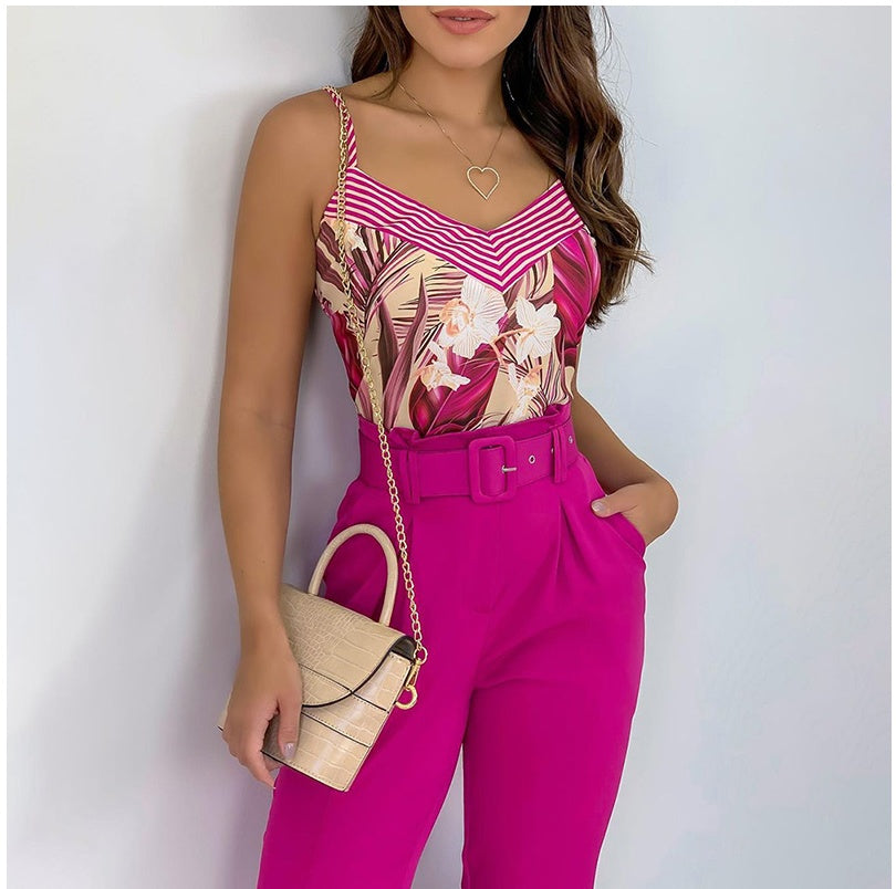 Europe And The United States New Rose Red Suspender Trousers Suit With Belt
