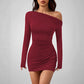 Solid-color Form-fitting Dress With A One-shoulder Design And Long Sleeves