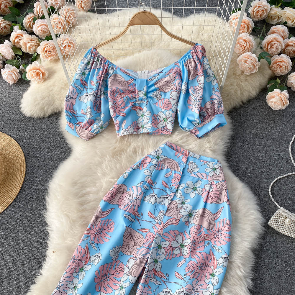 Off Shoulder Puff Sleeve Cropped Top And Printed High Waist Wide Leg Pants Two Piece Set