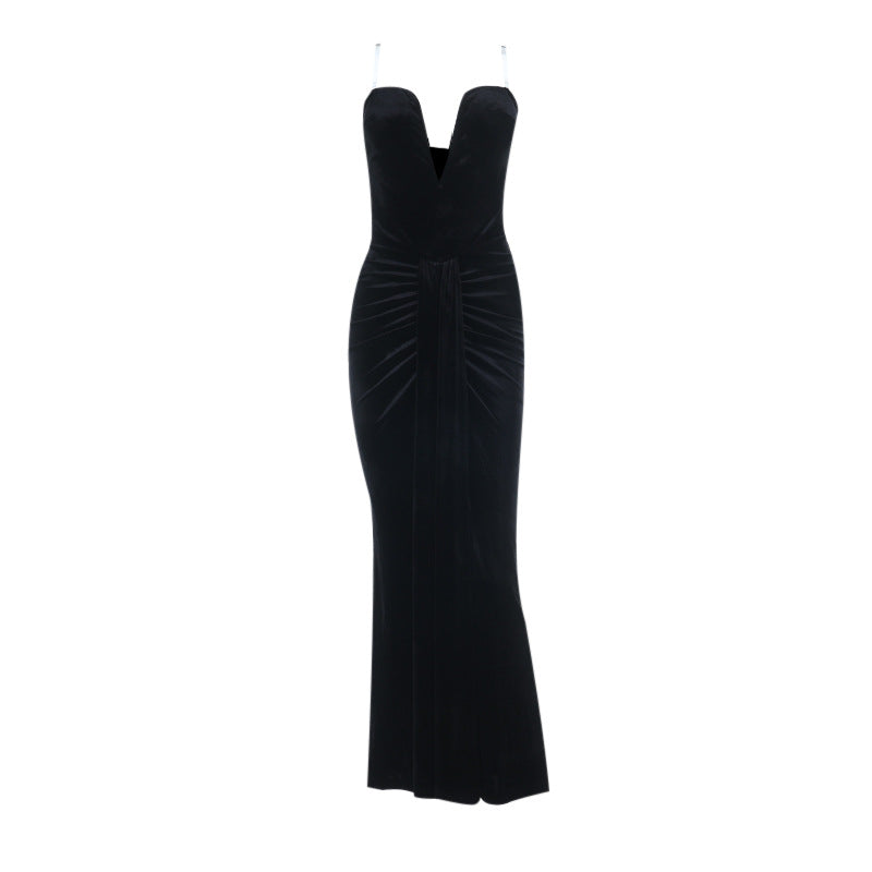 V-neck Velvet Tube Dress Figure-hugging Evening Gown Maxi Dress