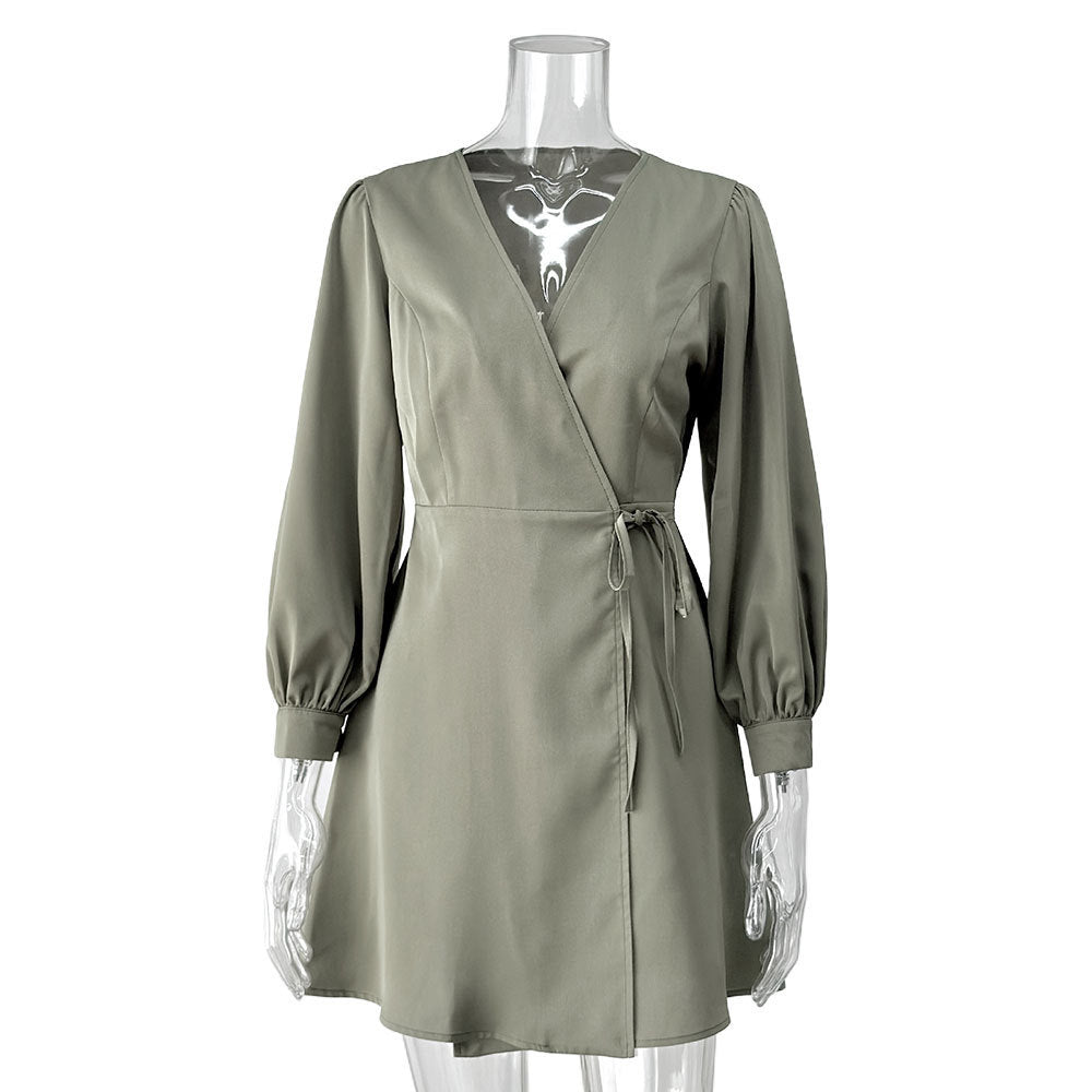 Women's Elegant Simple V-neck Slim Tie-waist Dress