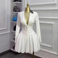 French-style Womens Pleated V-neck Long-sleeve Dress