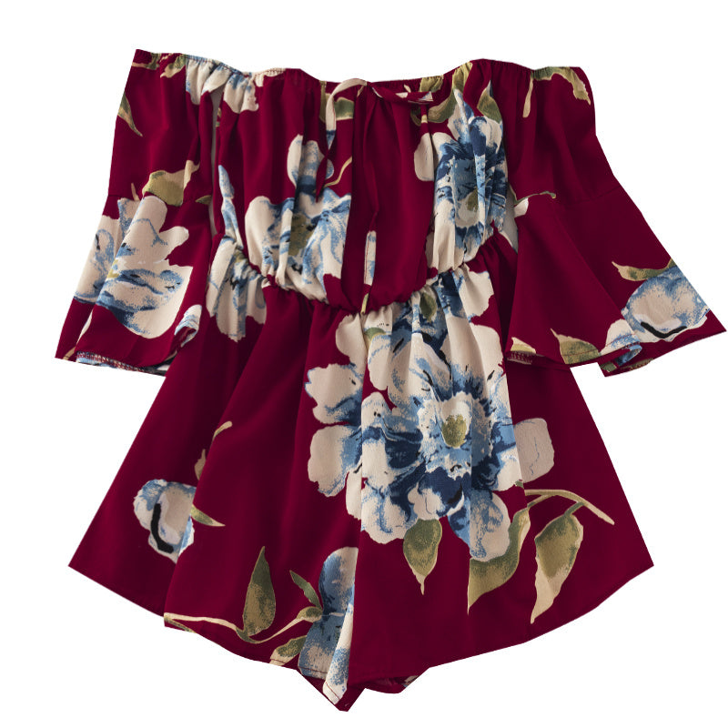 Off-the-shoulder Tie-flare-sleeve Floral-print Jumpsuit