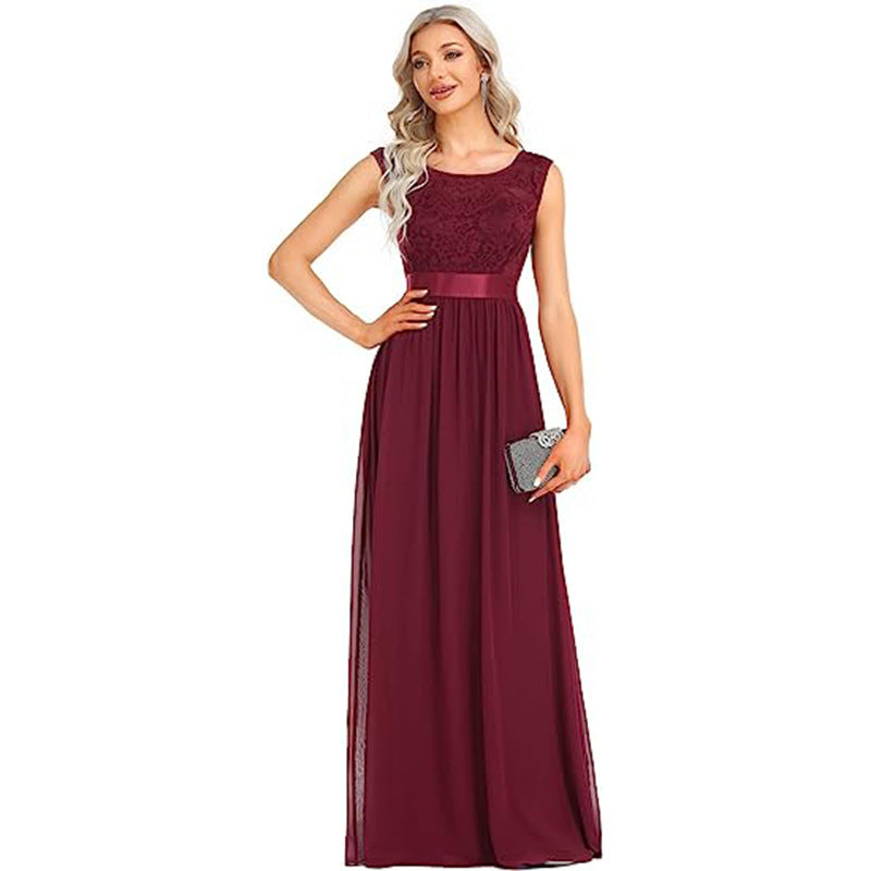 Robe tendance à col rond et coutures en dentelle