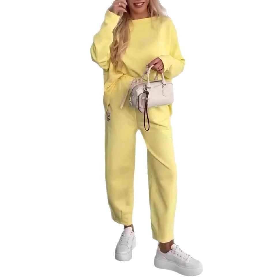 Women's Solid Color Loose-fitting Casual Pullover Trousers Two-piece Set