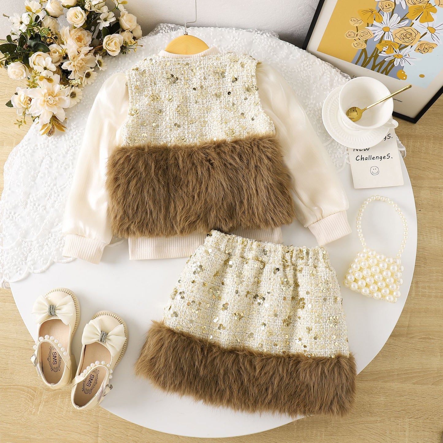Floral Print Long Sleeve Short Dress Children's Two-piece Set