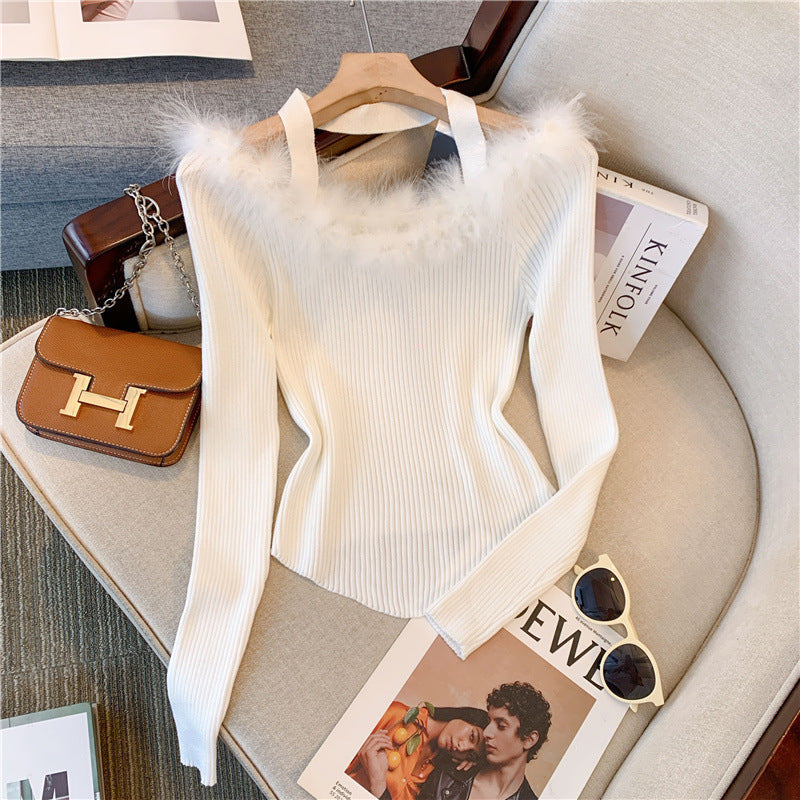 Super Fairy Fur Collar Off-shoulder Sweater Women's Design Sense Niche Off-shoulder Slim Top