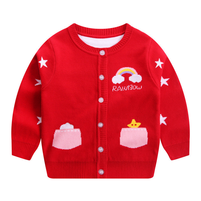 Autumn And Winter Girls Knitted Cardigan Pony Fake Pocket Cotton Double Layer Warm Sweater